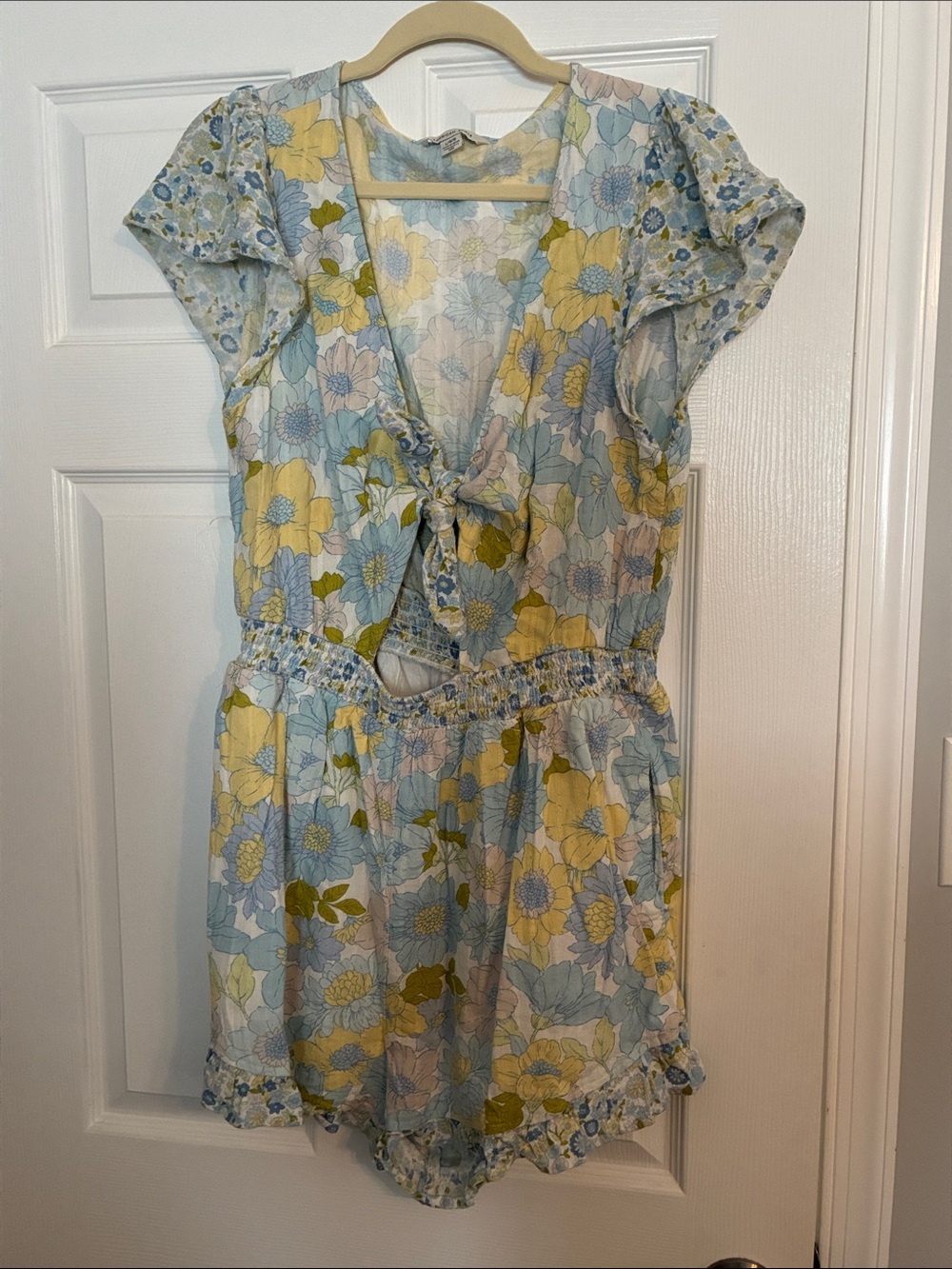 Floral Tie-Front Romper in Pastel Blue & Yellow